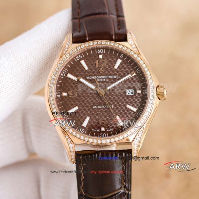 AAA replica TW factory Vacheron Constantin brown face rose gold diamond bezel watch 